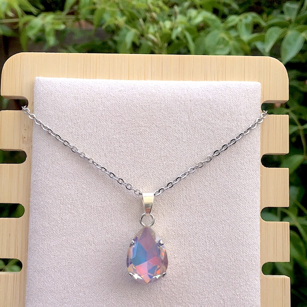 Gray Opal Aurora Borealis Iridescent Silver Pendant Drop Necklace - Picture 9 of 10